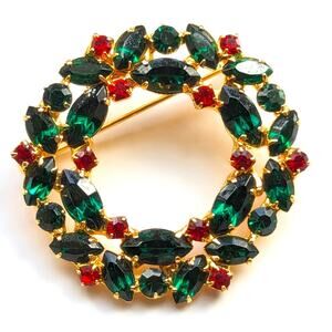 Stunning Vintage Signed OTC Glass Rhinestone Wreath Holiday Christmas Brooch
